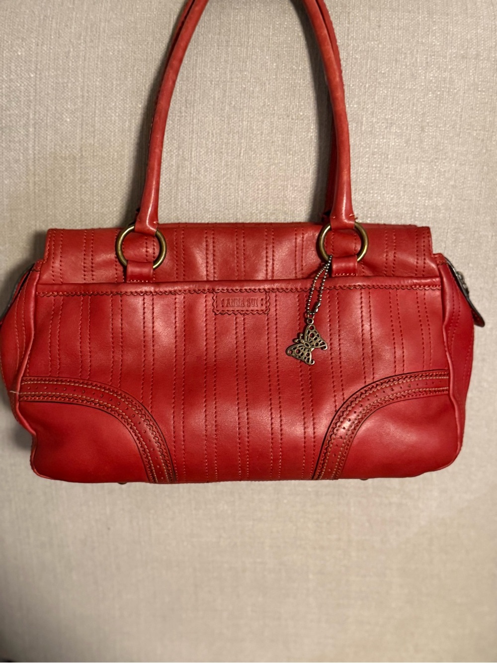 Anna Sui Red Leather Satchel Shoulder Bag Butterfly Charm Zip Top